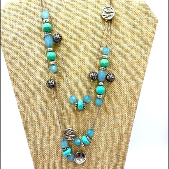 Long Stations Green Bead Necklace with Silvertone 60” Versatile - Picture 2 of 7